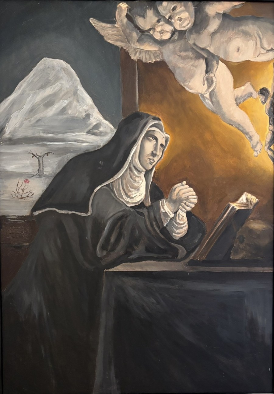 Pintura de Santa Rita de Cássia recebendo o espinho, fotografada em Roccaporena, Itália