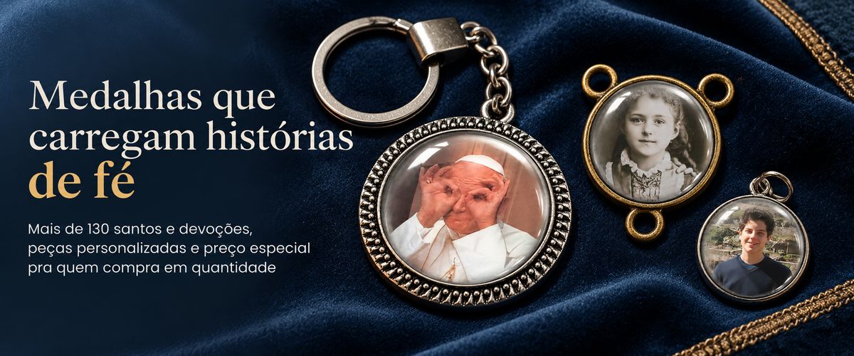 Nove de Julho — Medalhas que carregam histórias de fé. Mais de 140 santos e devoções, peças personalizadas e preço especial pra quem compra em quantidade. Encontre sua devoção ou crie a sua própria peça.
